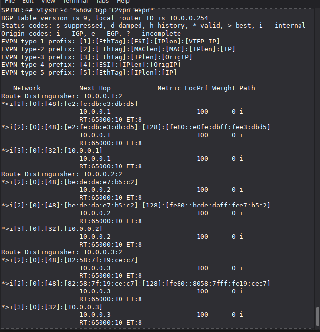 Full EVPN route table on the Spine showing Type 2 and Type 3 routes