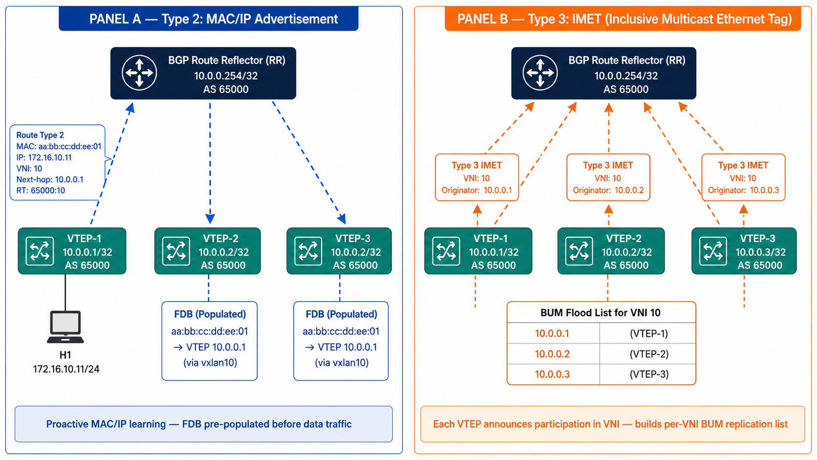 EVPN Route Type 2 (MAC/IP) and Type 3 (IMET) signaling
